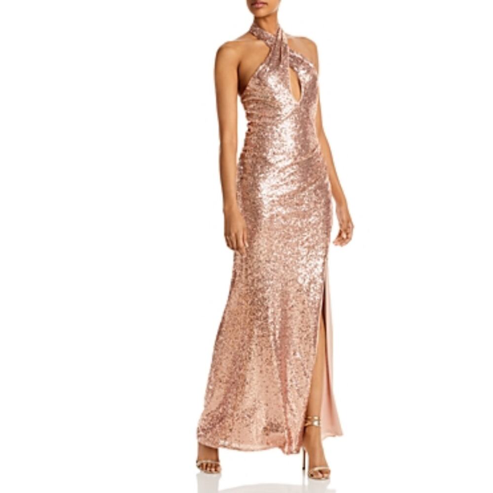 AQUA Sequined Backless Long Halter Evening Gown Rose Gold Size 10 Formal Dress